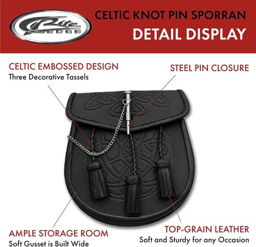 Celtic Knot Leather Sporran with Adjustable Chain & Belt - 8" Black Tassel Design for Kilts & Costumes