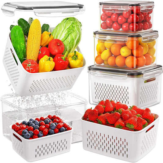 Skiennix 4 PCS Fruit Storage Containers - All-In-One Produce Wash Bowl with Removable Colander | Microwave & Dishwasher Safe