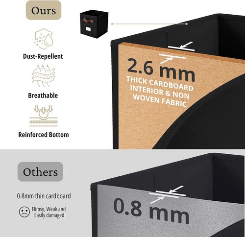 DECOMOMO Storage Bins - Fabric Cube Storage Bins with Labels | 10.5" x 11" | Set of 6, Black