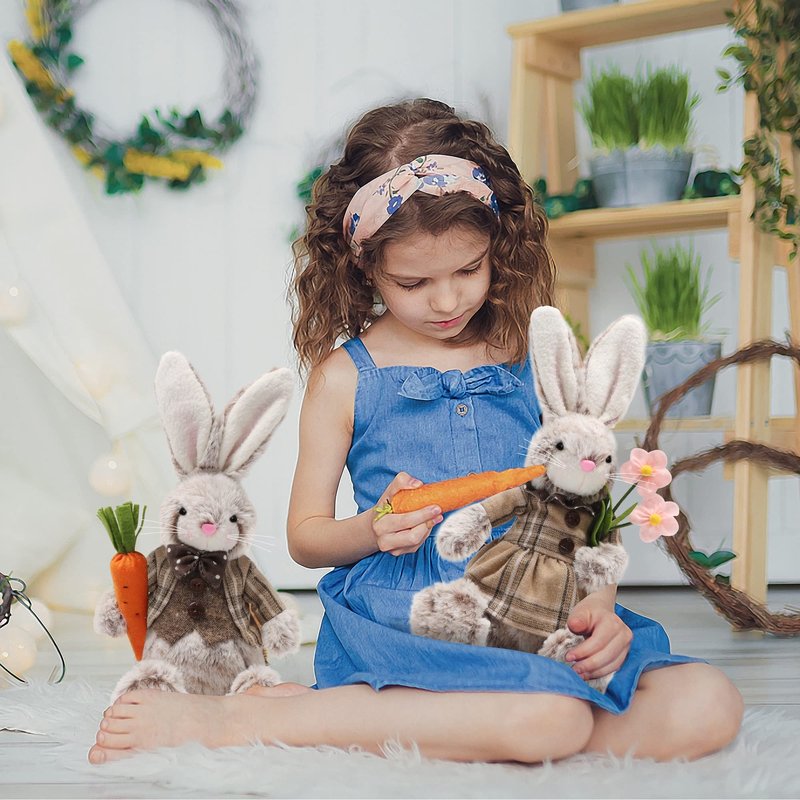 Juegoal 2 Pack Easter Bunny, 12.6" Handmade Huggable Rabbits Couple, Easter Basket Rabbits, Cute Bunny Party Favor Figurine, Spring Tabletop Holiday Room Decorations