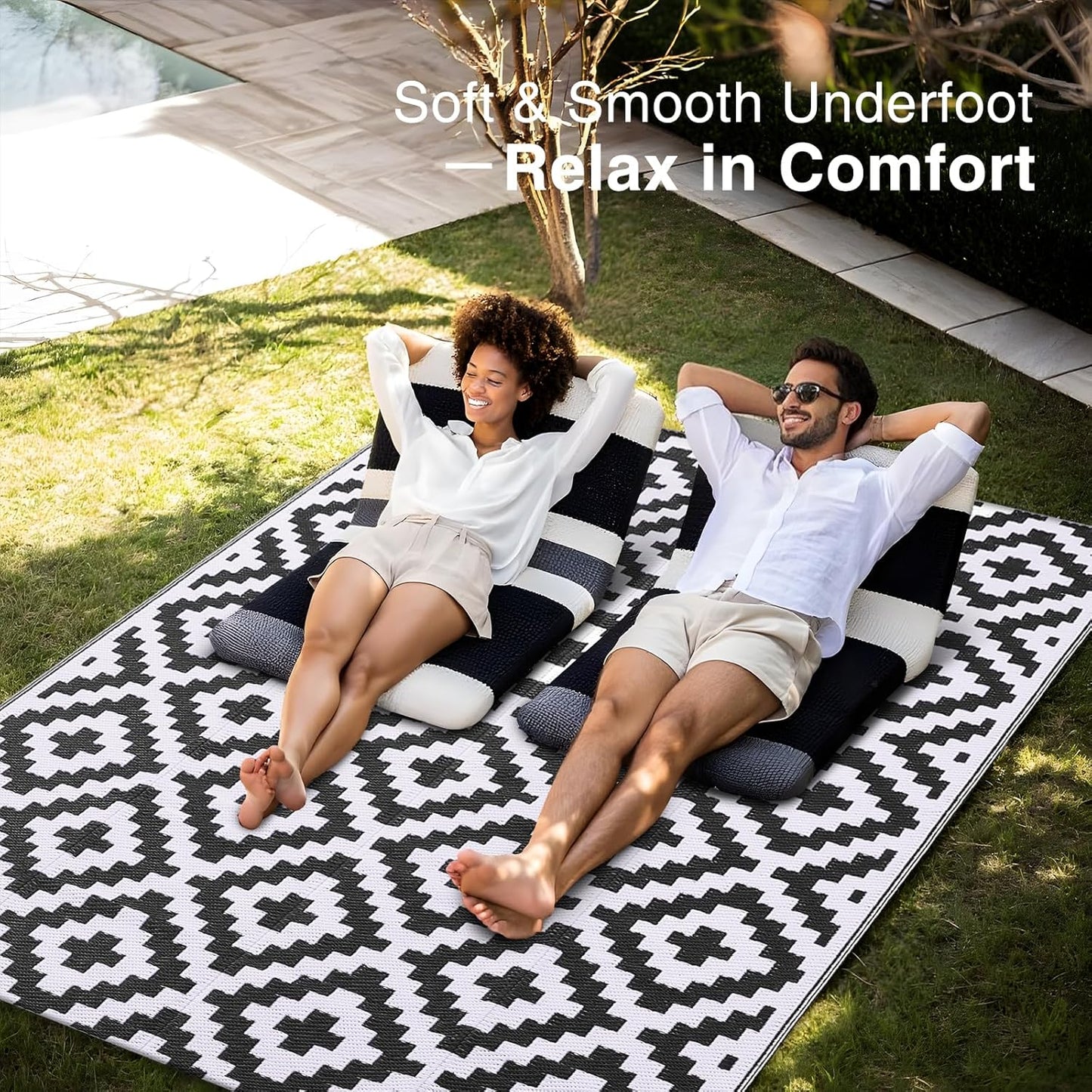 OLANLY Waterproof Outdoor Rug - Versatile 5x8 ft Plastic Straw Mat for Camping & Porch | Black & White