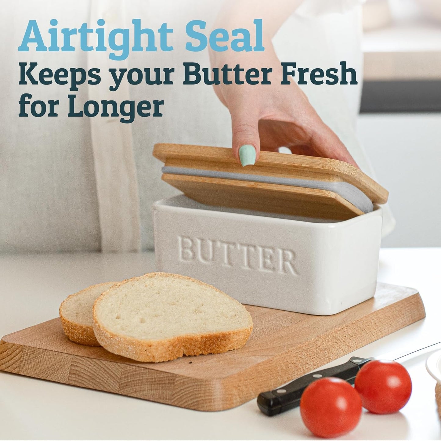 PriorityChef Extra Large Butter Dish - Ceramic Airtight Butter Keeper with Lid | White Countertop Storage