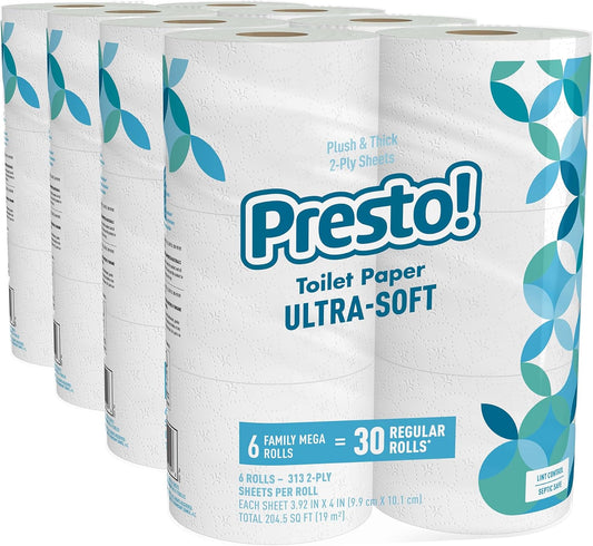 Presto! 2-Ply Ultra-Soft Toilet Paper - Septic-Safe, Unscented, 24 Family Mega Rolls (Pack of 4)