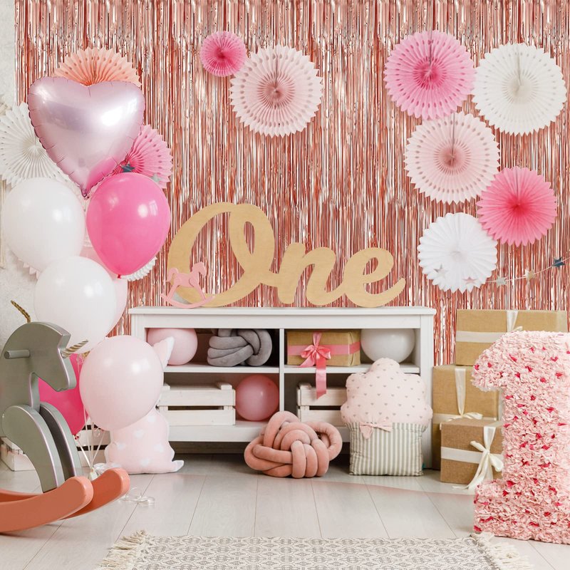 Crosize 4 Pack 3.3 x 9.9 ft Rose Gold Foil Fringe Backdrop Curtain, Streamer Backdrop Curtains, Streamers Birthday Party Decorations, Tinsel Curtain for Parties, Photo Booth Backdrops, Party Décor