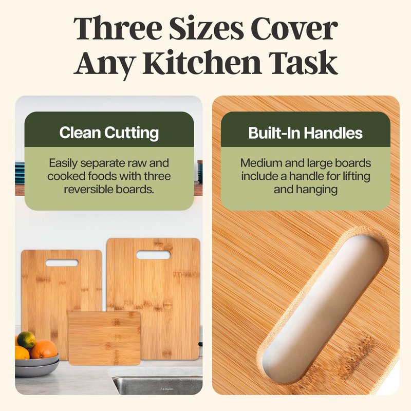 Totally Bamboo 3-Piece Cutting Board Set, Bamboo Wood Cutting Boards for Kitchen with Built-In Handles, Reversible Chopping Boards in Small, Medium, and Large Sizes