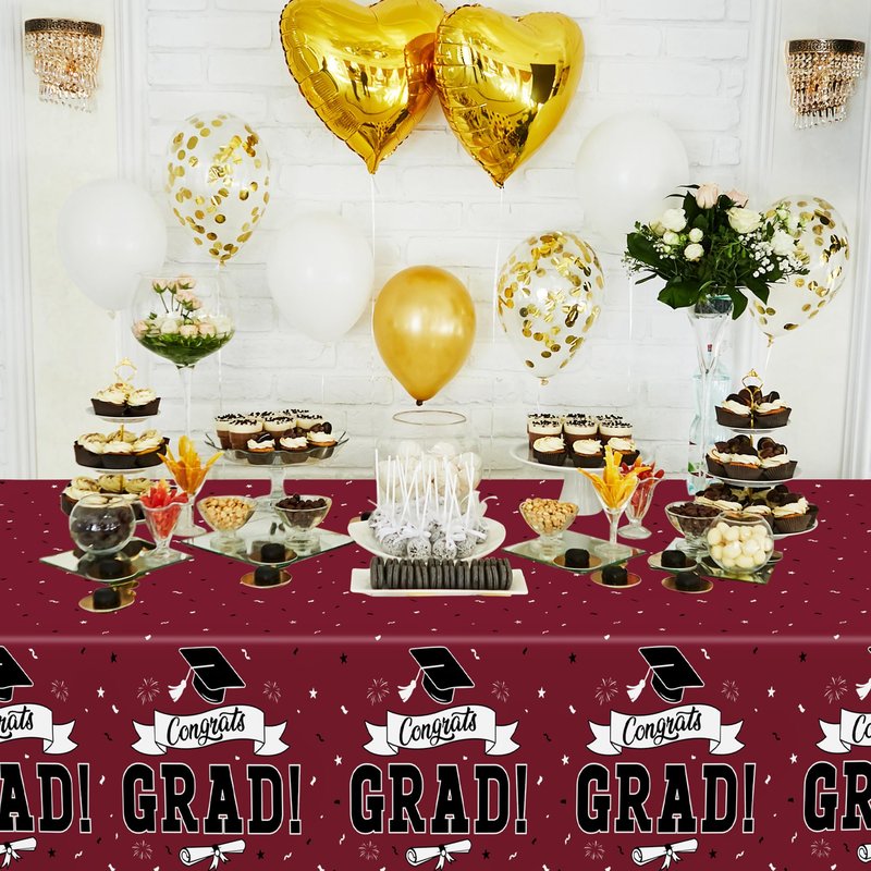 QZYL 2 PCS Graduation Decorations 2026, 108" X 54" Maroon Graduation Table Cloths, Rectangle Table Cloths for Class of 2026 Congrats Grad, Disposable Plastic Tablecover for Grad Decor Party Supplies
