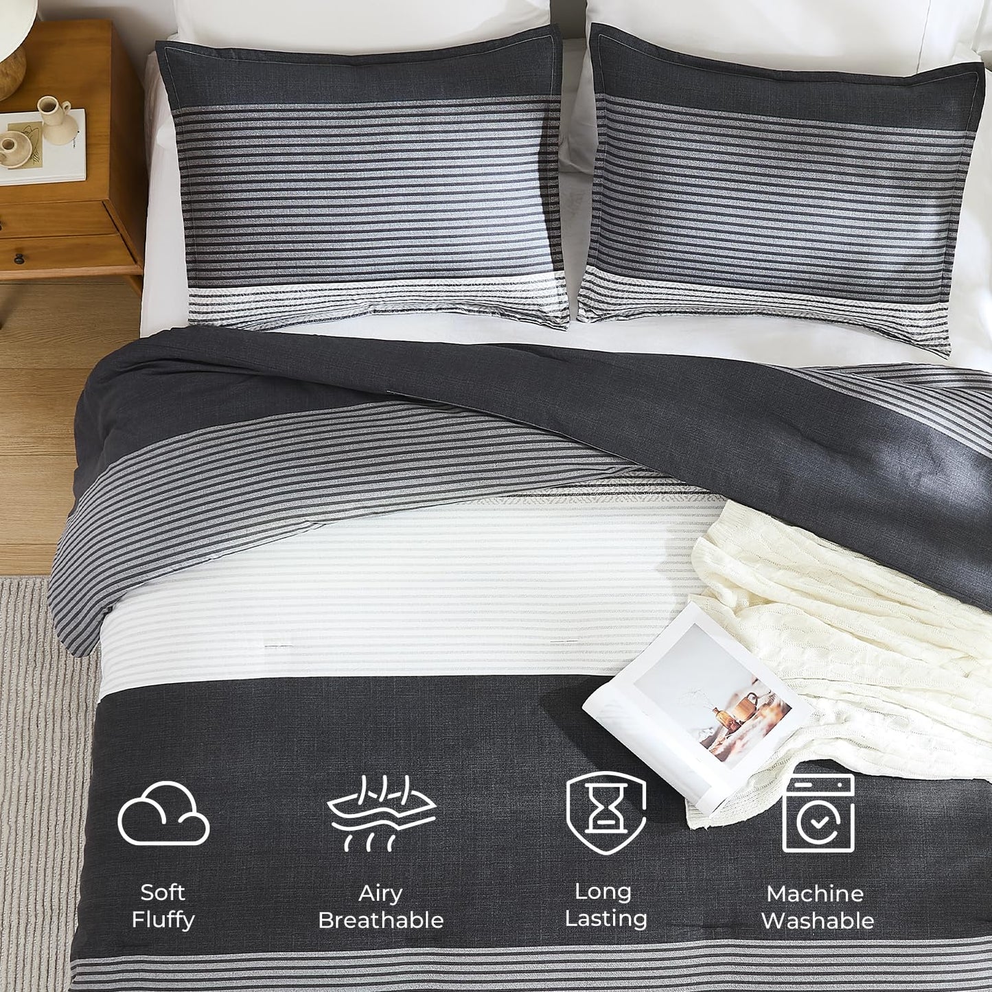 Litanika Comforter King Size Set Black White Grey - 3 Pieces Lightweight Bedding Comforter Set, Fluffy Down Alternative Comforter (1 Comforter, 2 Pillowcases)