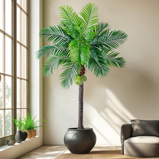 Erimda 30-Year Factory Faux Coconut Tree - 7.2FT Faux Palm Tree Realistic Thick Trunk & Heavy Duty Leaves, Hand-Carved Bark Texture, Indoor Tropical Decor for Living Room/Store, No Shiny Plastic Look