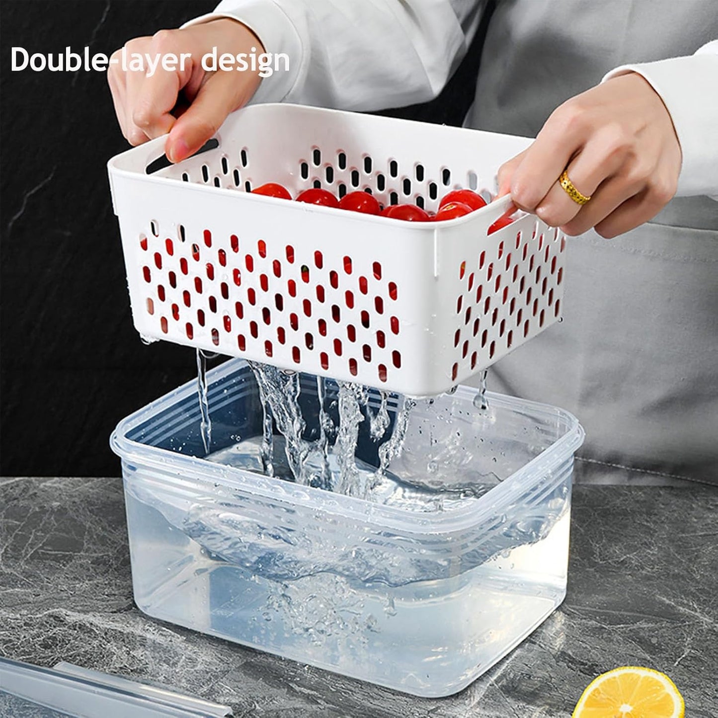 Skiennix Food Storage Containers - 4-in-1 Multipurpose with Removable Colander | Transparent Plastic (Gray, M+L)