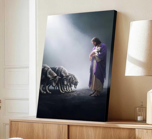 Jesus and Lamb Canvas Wall Art - Christian Shepherd Protects Lamb | Inspirational Home Decor