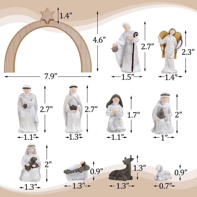 Treewoll 11 Pcs Christmas Scene Nativity Set, Holy Family Scene with Wooden Arched Stable and Resin Figurines Including Baby Jesus, Mary, Joseph and More, Religious Collections for Home Tabletop Decor
