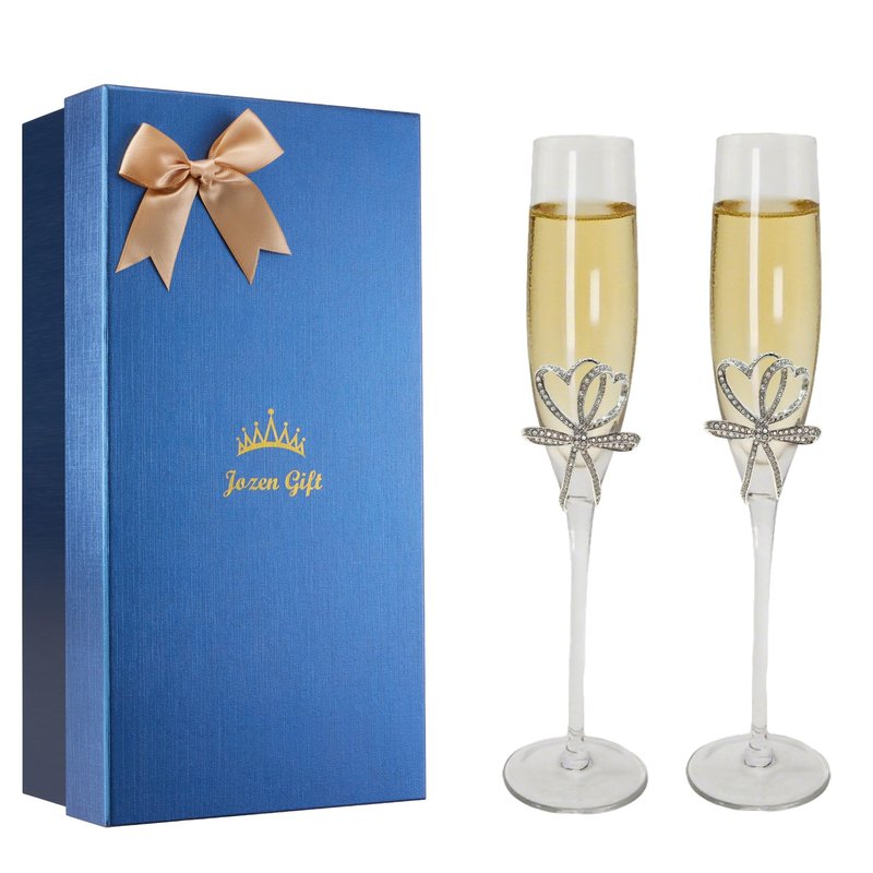 Jozen Gift Silver Champagne Flutes - Set of 2 Hand Blown Champagne Glasses wtih Metal Accent DOUBLE HEARTS- Gifts for Birthday,Wedding, Mother’s Day - 6 oz (Modern, Silver)
