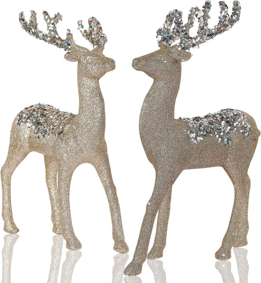 Juegoal Glitter Reindeer Figurines - Set of 2 Christmas Tabletop Decorations | 12.6" Plastic Elk Ornaments