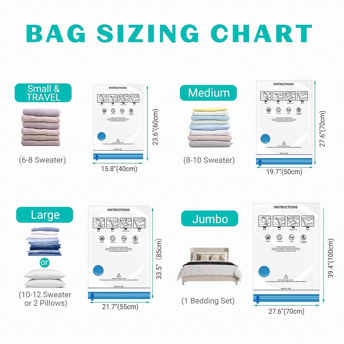 Skiennix Vacuum Seal Bags - 15 Pack Space Saver Storage Bags for Clothing & Travel | Hand Pump Included