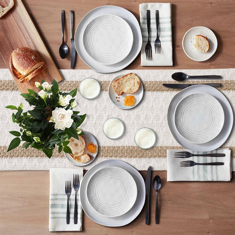 OTOSTAR Boho Table Runner with Tassels 48 Inches Long Farmhouse Rustic Table Runner Macrame Burlap Table Decoration for Home Decor Living Room Bridal Shower, Double Striped (12x48 Inches)