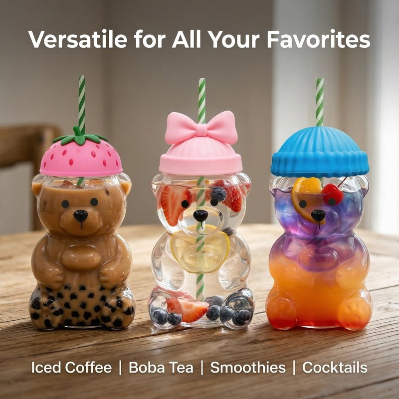Glass Bear Cup with Straw and Lid, 20oz Cute Teddy Bear Shaped Drinking Tumbler, High Borosilicate Reusable Iced Coffee Mug for Boba Tea, Smoothies, Cocktails, Aesthetic Gift for Women (Pink bow)