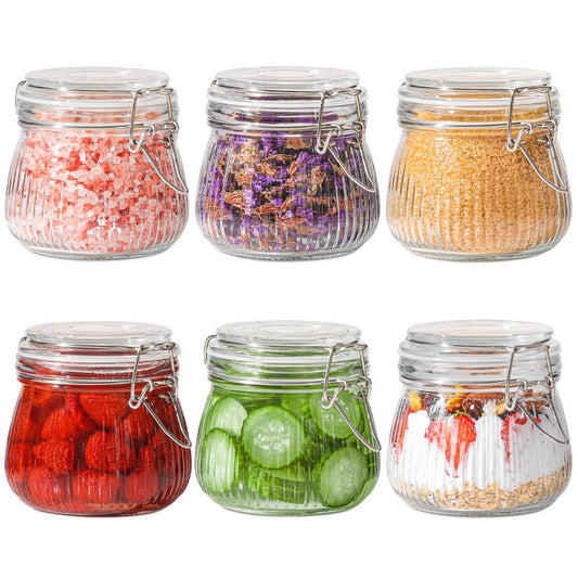 ComSaf 6-Pack 17oz Ribbed Glass Storage Jars with Airtight Clamp Lids, Decorative Wide Mouth Pint Canisters for Jam, Spices, Nuts, Snacks - Ideal for Kitchen Pantry and Drawer Organization