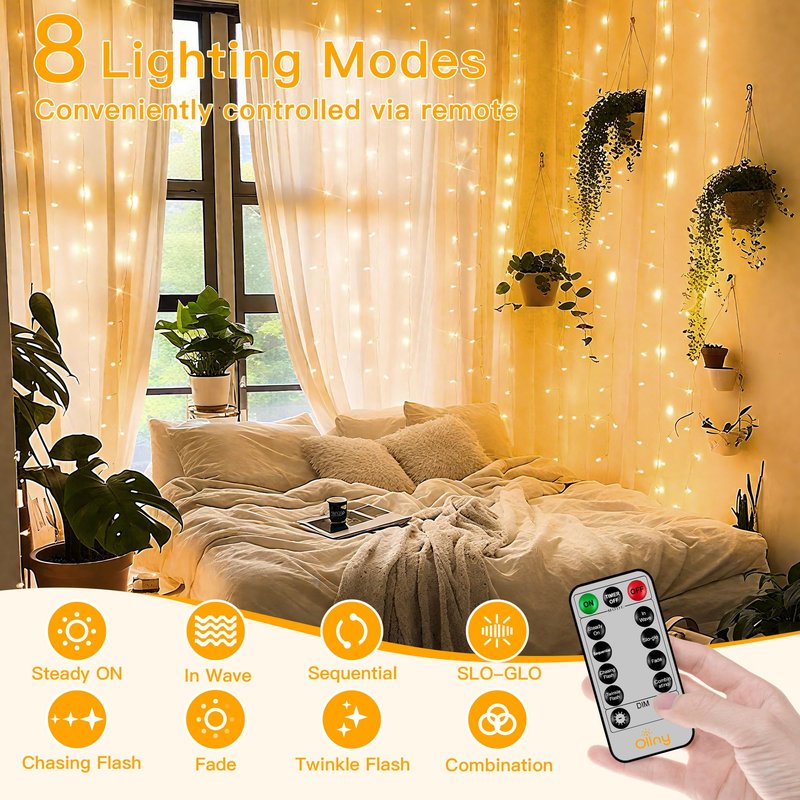 Ollny Curtain Lights 6.6x6.6ft, 200 LED String Lights with Remote 8 Modes Dimmable Timer, USB Power Fairy Light for Bedroom Backdrop Indoor Wall Window Christmas Decorations, Warm White