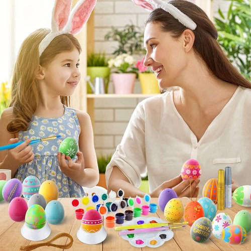 Easter Colorful Eggs Painting Kit-Paintable Flocking Eggs with Doodle Kit for DIY Design-Hanging Flocking Eggs with Rope for Easter Decoration,Egg Hunts, Basket stuffers & Essentials, 24PCS