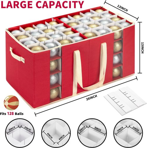 DIMESHY Large Christmas Ornament Storage Box - Adjustable Dividers for 128 Holiday Decorations | Red