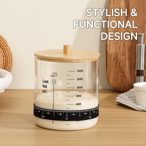 HomeFeel Premium Sourdough Starter Jar - 50 oz Large Glass Jar with Bamboo Lid, Cloth Cover, Date Tracker, Thermometer and Scraper, Stylish Design and Wide Mouth Starter Kit