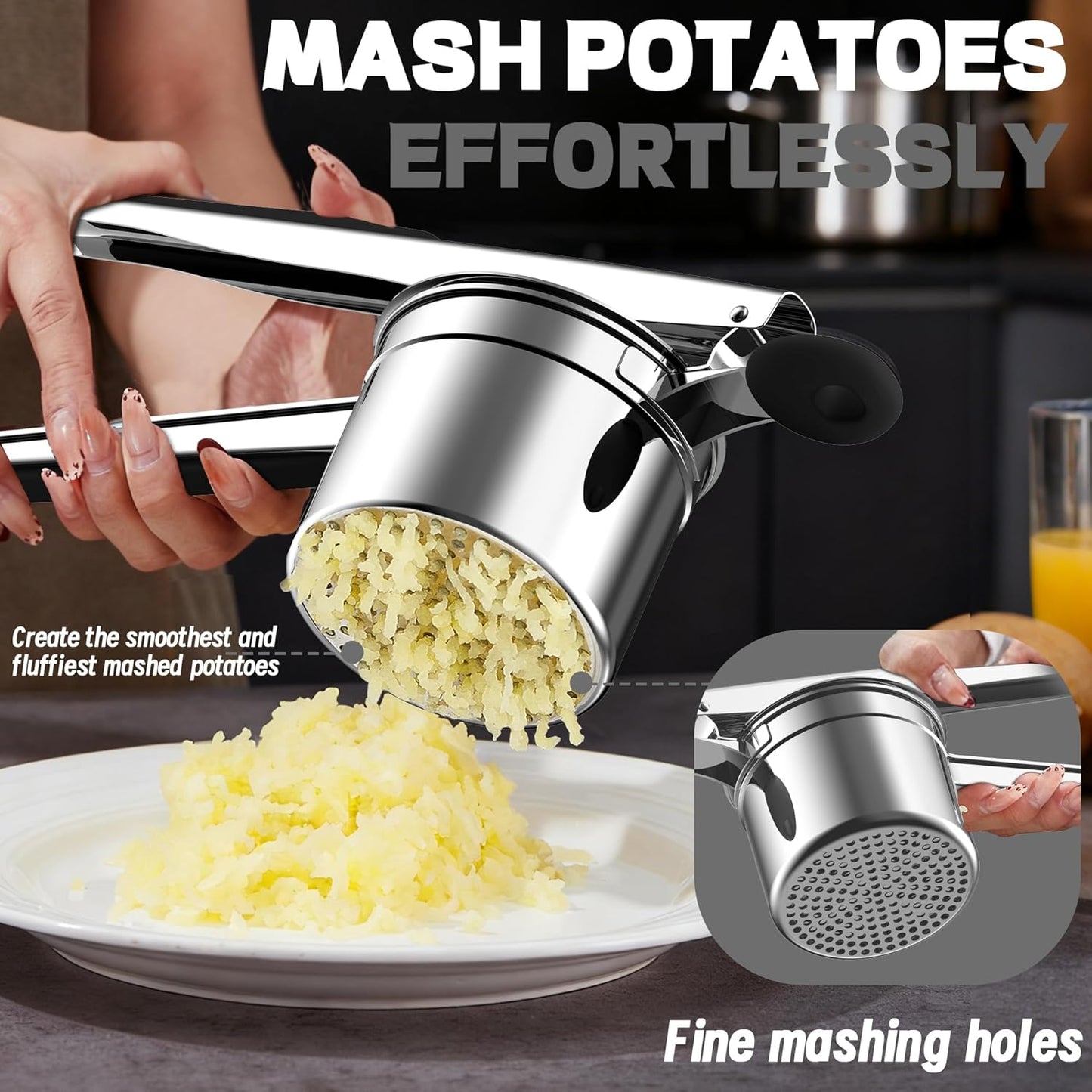 Skiennix 15oz Potato Ricer - Heavy Duty 18/8 Stainless Steel Masher for Baby Food & Spaetzle | Black