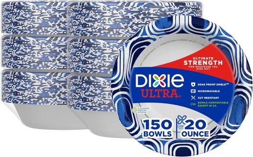 Dixie Ultra Large Paper Bowls - 20 Oz, 150 Count | Microwave Safe & Compostable for All Meals