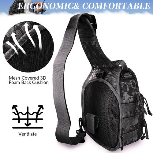 Fishing Backpack Fishing Tackle Storage Bag Fishing Gear with Rod Holder Small Sling Backpack for Outdoor Fish,Hiking,Travel,Hunting (E-Camouflage Black)