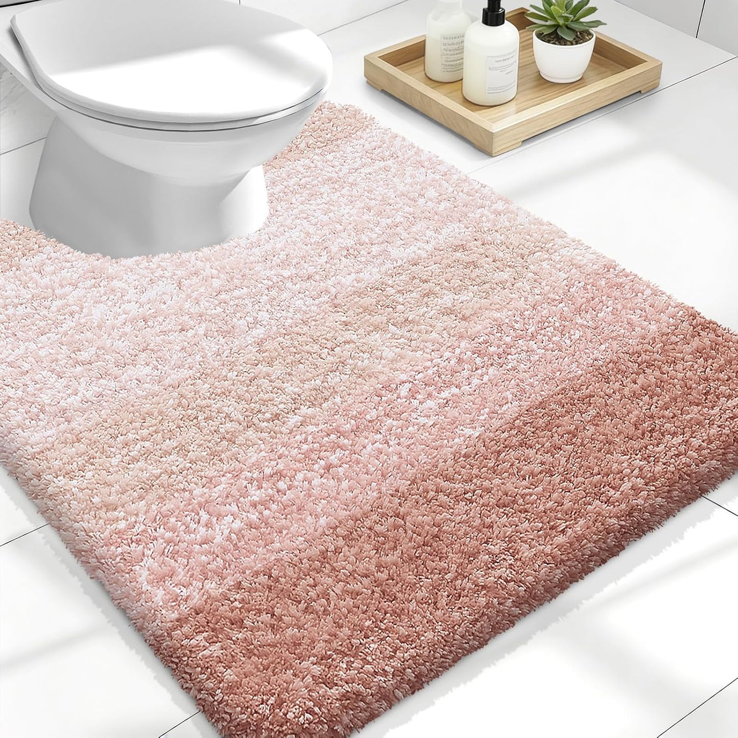 OLANLY Luxury U-Shaped Toilet Rugs - Extra Soft, Absorbent Microfiber Bath Mat, 24x20, Non-Slip, Peach