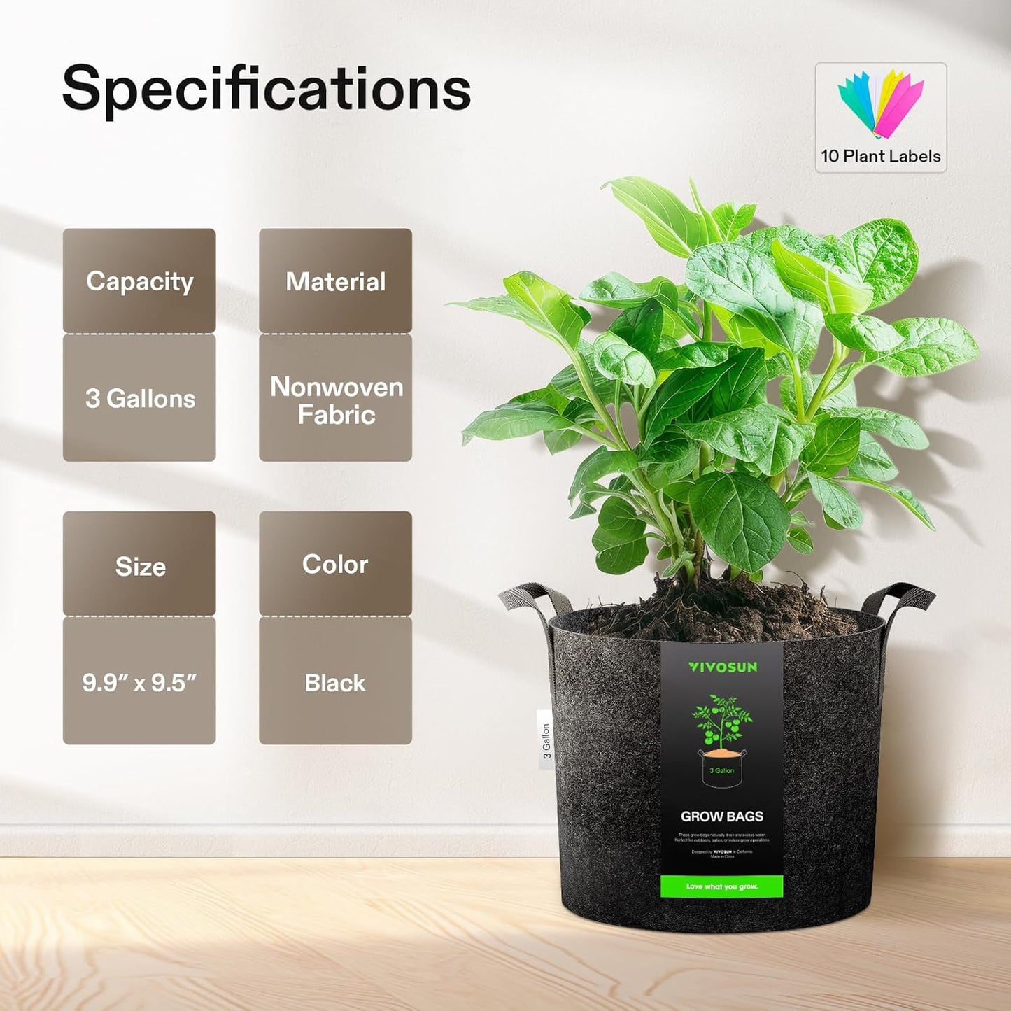 VIVOSUN 3 Gallon Plant Grow Bags - Heavy Duty Nonwoven Fabric Pots with Handles | 5-Pack