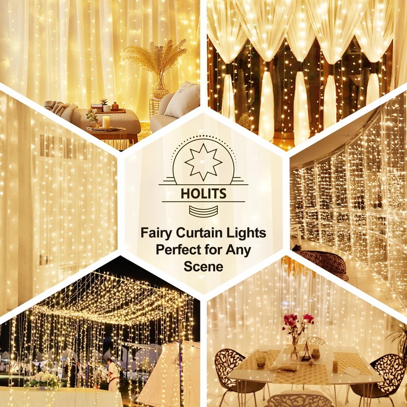 HOLITS 2 Pack 300 LED Fairy Curtain Lights, 9.8 x 9.8FT Warm White USB Plug in 8 Modes String Hanging Lights with Remote for Christmas, Bedroom, Indoor, Outdoor, Weddings, Party (Warm White)