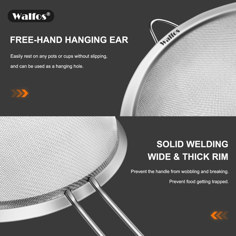 Walfos Extra Fine Mesh Strainer Set of 4-9.35", 6.95", 4.6", 2.7", Stainless Steel 30 Mesh Sieve with Sturdy Handle, Kitchen Food Strainers Sifters for Quinoa, Pasta, Fruits, Vegetables, Rice, Tea