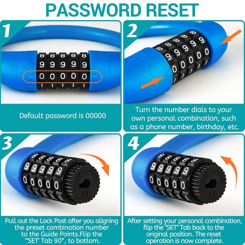 IDEALUX Bike Lock Cable, Bicycle Cable Lock with 5 Digit Combination，Big Head & Metal Pin with Copper Lock Core, Resettable Kids Bike Cable Lock, 20" x ∅0.8" Purple