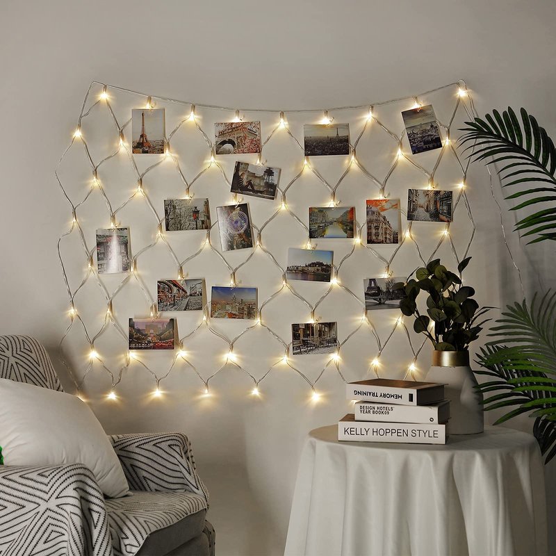 Hiboom Christmas Fairy Lights with Clips, Net Photo Clips String Lights, LED Hanging Photo Display, 8 Modes Battery Operated Christmas Lights for Home Wall Decoration, Warm White(3.3 x 3.3 ft)