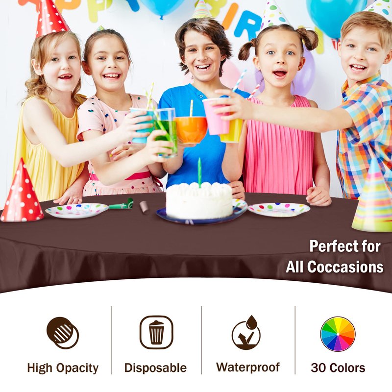 Exquisite Party Solids 6-Pack Premium Plastic Tablecloth 84in. Round Plastic Table Cover - Brown