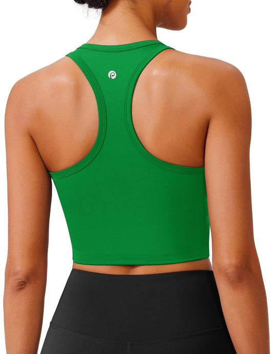 PINSPARK Sports Bras for Women Longline Workout Tops with Light Supportive Racerback Tank with Built in Bra Pilate Crop Top, Green Medium