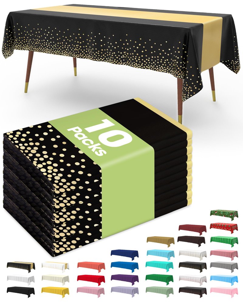 Pureegg Plastic Table Cloth Disposable 10 Pack, 54 x 108 Inch, Table Runner Style, Graduation Decorations 2026, Party Tablecloths, Rectangle, Plastic Cover, Leakproof & Sturdy, Black Gold
