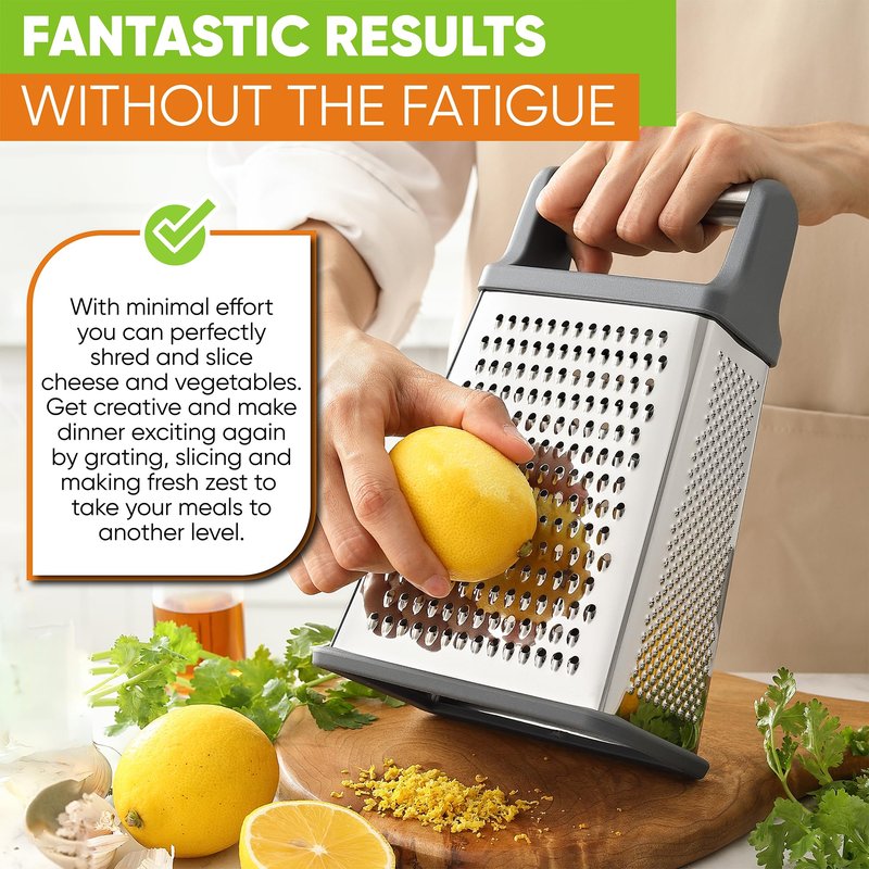 Spring Chef Professional Cheese Grater - Stainless Steel Box Grater for Kitchen, XL Size, 4 Sides - Perfect Shredder for Parmesan Cheese, Carrot, Potato, Ginger - Dishwasher Safe - Gray