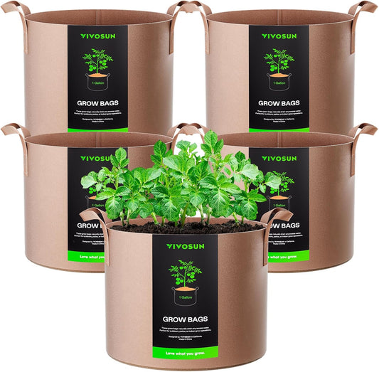 VIVOSUN 1 Gallon Heavy Duty Grow Bags - 5-Pack Nonwoven Fabric Pots with Strap Handles | Tan