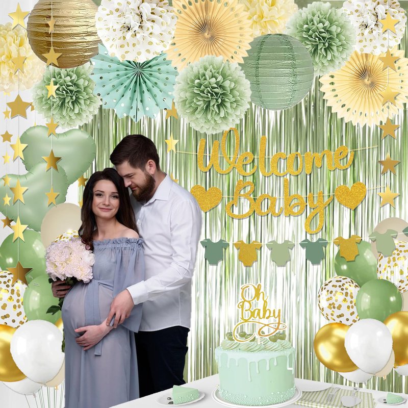 Sage Green Baby Shower Decorations - Gender Neutral Baby Shower Decor Set with Welcome Baby Banner, Tissue Pom Poms, Paper Lanterns, Flower Fans, Balloons, "Oh Baby" Cake Topper & Star Garland