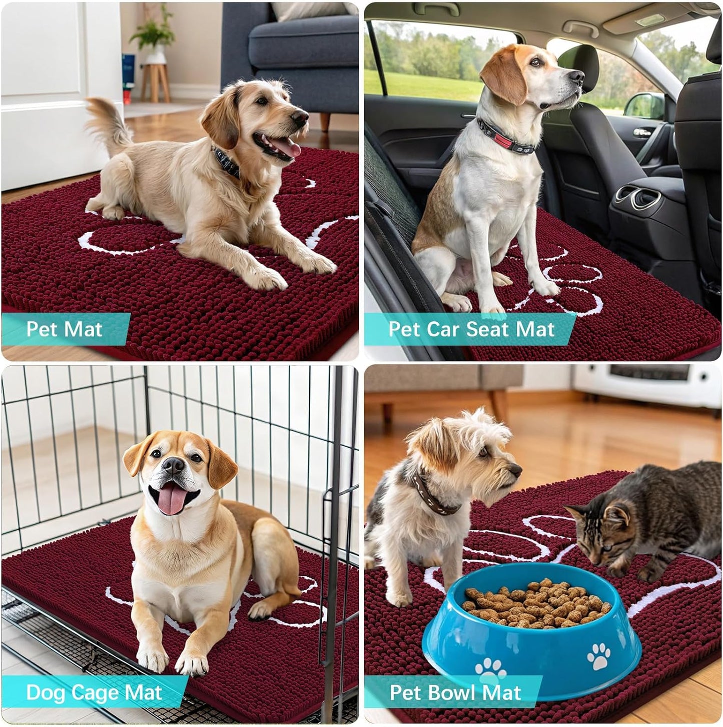 OLANLY Dog Door Mat - Absorbent Non-Slip Mud Mat for Paws | 40x32 Paw Print Design in Burgundy