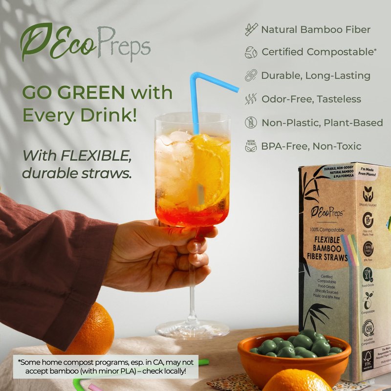 EcoPreps Colorful Biodegradable Flexible Drinking Straws | Bendable 150 Count, 100% Compostable, Plastic-Free, Eco-Friendly Straws for Cold Drinks | 7.8'' Multi-Color Bamboo Fiber Disposable Straw Set