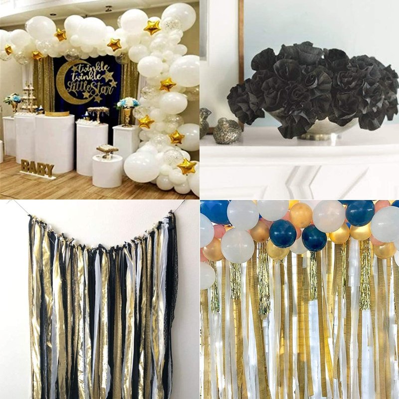 PartyWoo Crepe Paper Streamers 6 Rolls 492ft, Pack of Gold, Silver and Black Party Streamers for Party, Birthday and Wedding Decorations (1.8 Inch x 82 Ft/Roll)
