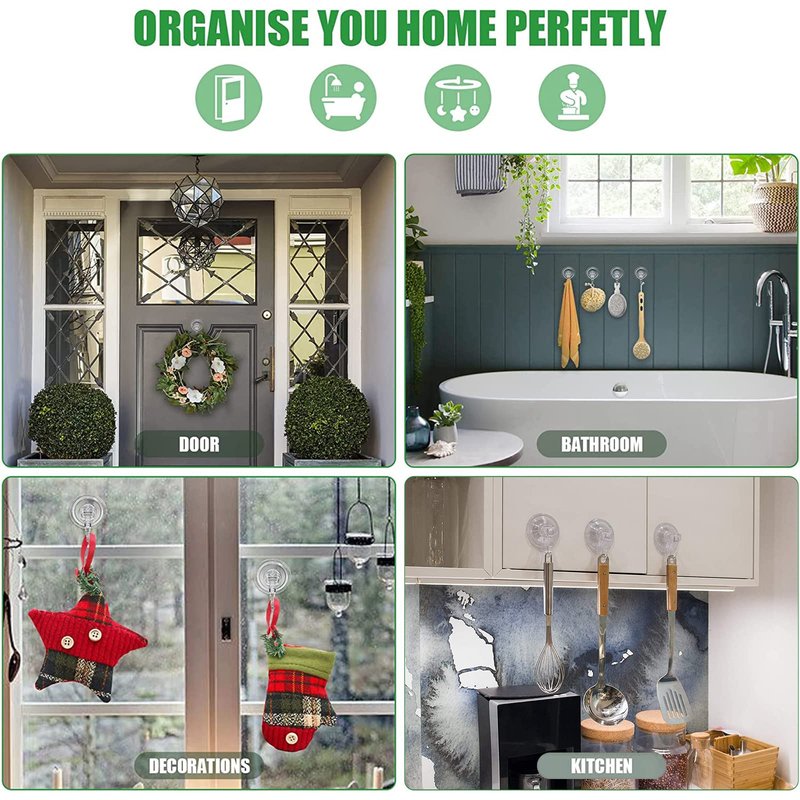 EAMOMORK Suction Cup Hooks for Shower, Large Clear Heavy Duty Suction Cup Hooks, Wreath Hangers for Front Door Window Glass Kitchen Towel Loofah Utensils (4 Packs)
