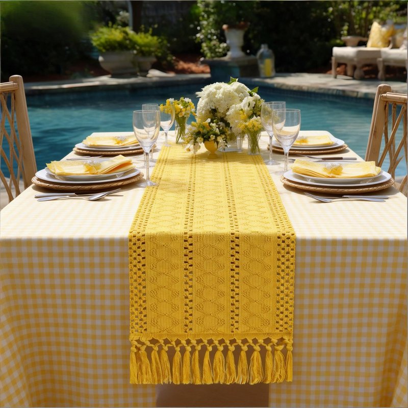 Socomi Boho Table Runner Summer Farmhouse Rustic Dining Kitchen Centerpiece Decor Small Macrame Woven Cotton Linen Coffee Table Runner for Dresser Scarf Home Decor 12x48 in Yellow Gold