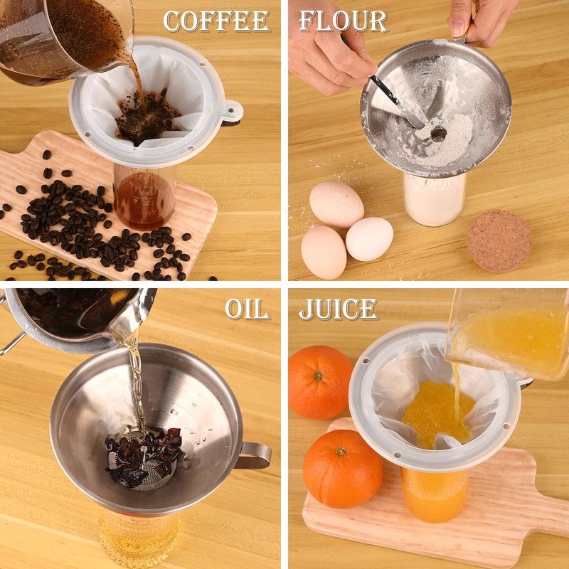 WMKGG 304 Stainless Steel Funnel, 5 Inch Funnels for Kitchen Use Filling Bottles, with 200 Mesh and 100 Mesh Fine Mesh Strainer, for Oils, Juice, Wine, Coffee, Milk, Tea, Powder