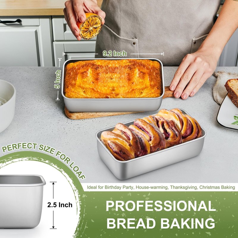 P&P CHEF Loaf Pan Set, 9 x 5 Inch Bread Pans, Stainless Steel Loaf Toast Baking Pans For Bread Meatloaf Lasagna Cake, Healthy & Non Toxic, Oven Safe& Easy Clean, (Silver, 2Pcs)