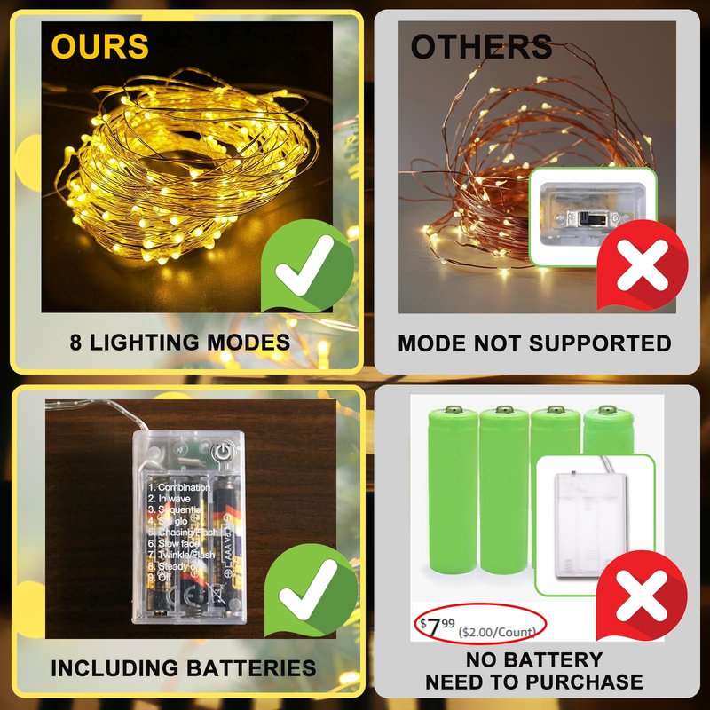 SINAMER Fairy Lights Battery Operated, 8 Modes & Auto Timer, Warm White 16FT 50Led Mini Twinkle Silver Wire Mason Jar Lights, Waterproof Starry Firefly for Parties (1/2/4 Pack)