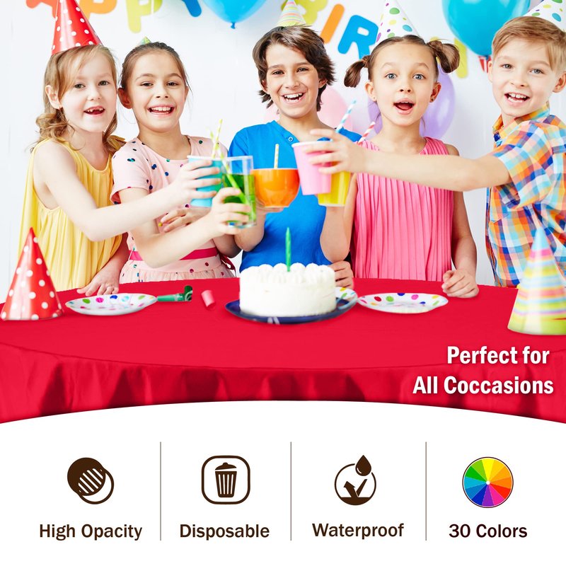 Party Solids Pack Of 6 Premium Plastic Tablecloth 84 Inch Round Plastic Table Cover - Red