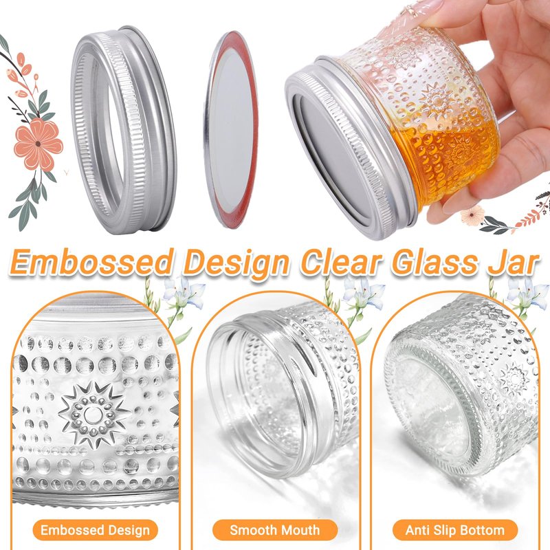 igoelove 4 oz Mason Jars with Embossed Pattern 24 Pack | Small Canning Jars with Airtight Lids | Mini Glass jars for Jams, Jelly, Honey, Spices, DIY Candles, Wedding Favors and Gift Packaging